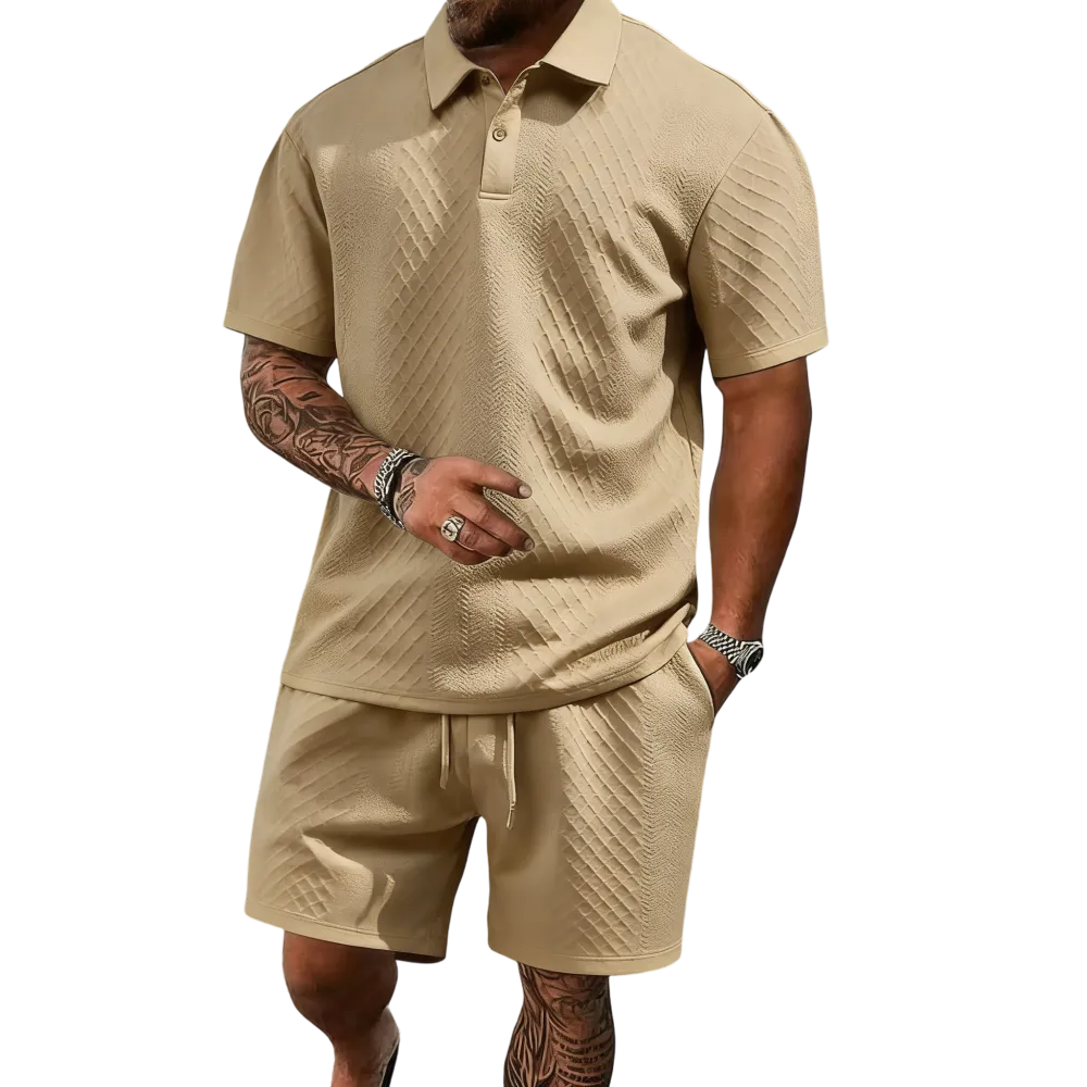 Men's Casual Solid-Color Polo Shirt and Shorts Two-Piece Set
